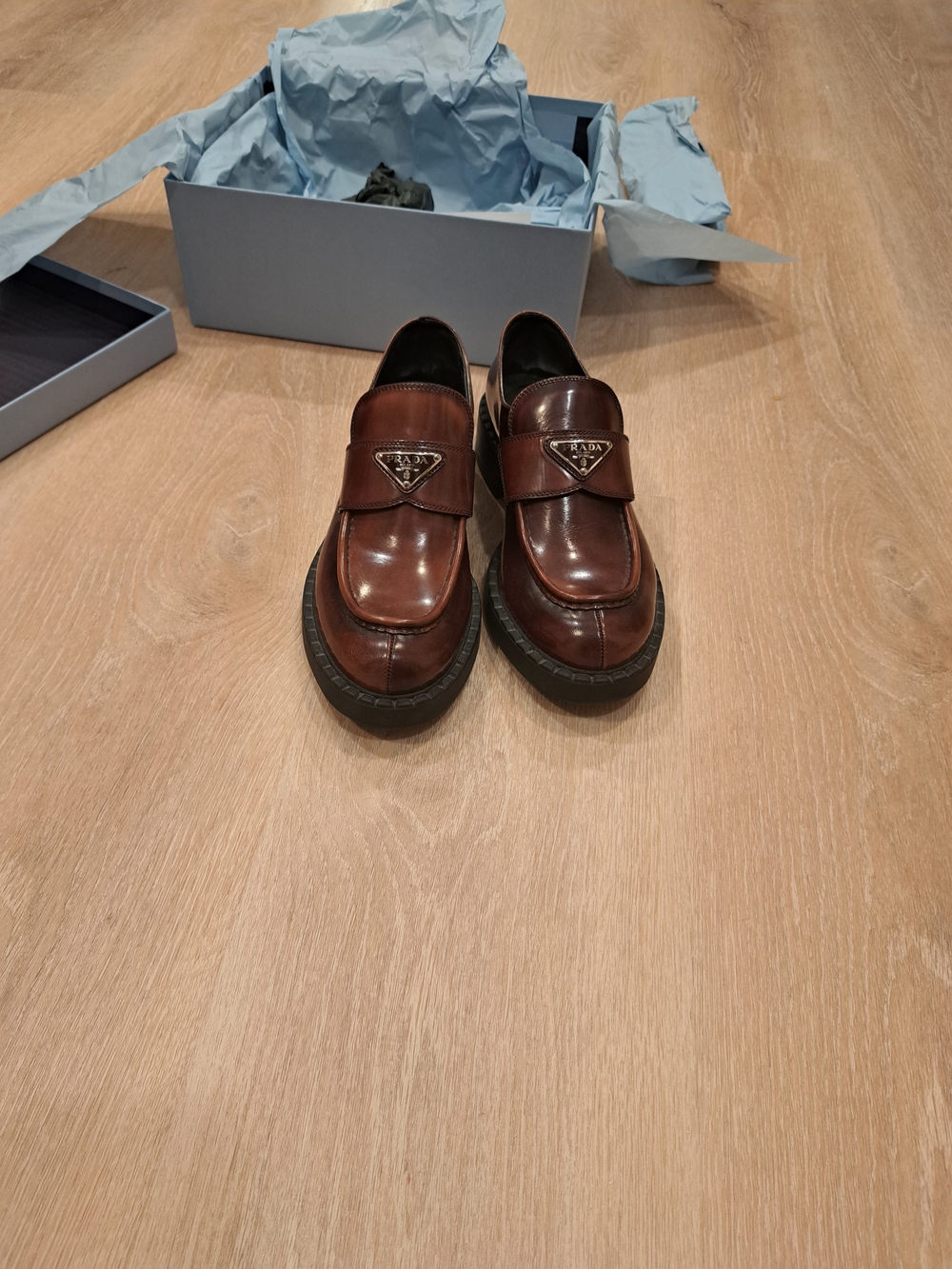 Prada Brown Leather Penny Loafers with Triangle Logo Size 11.5
